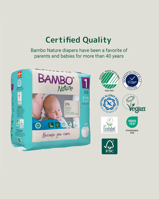 Bambo Nature Tape Diapers-Size 1, XS (2-4 Kg)-Chlorine Free-With Wetness Indicator-Dermatologically Tested