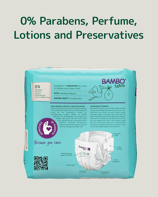 Bambo Nature Tape Diapers-Size 1, XS (2-4 Kg)-Chlorine Free-With Wetness Indicator-Dermatologically Tested