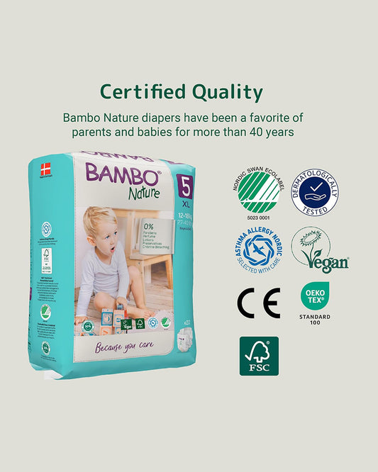 Bambo Nature Tape Diapers-Size 5, XL (12-18 Kg)-Chlorine Free-With Wetness Indicator-Dermatologically Tested