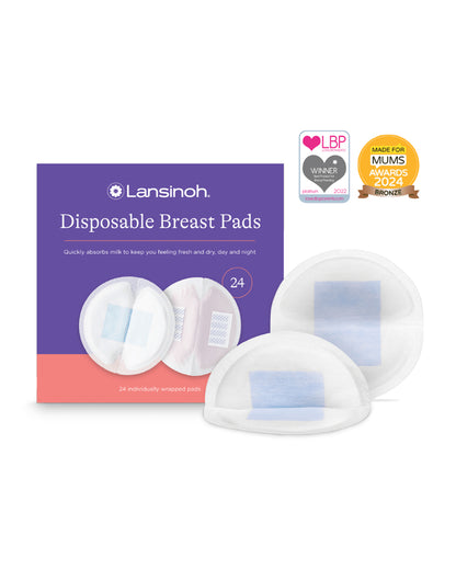 Lansinoh Disposable Nursing Breast Pads-Bluelock Technology for Instant Absorption-Naturally Contoured Design-Pack of 24
