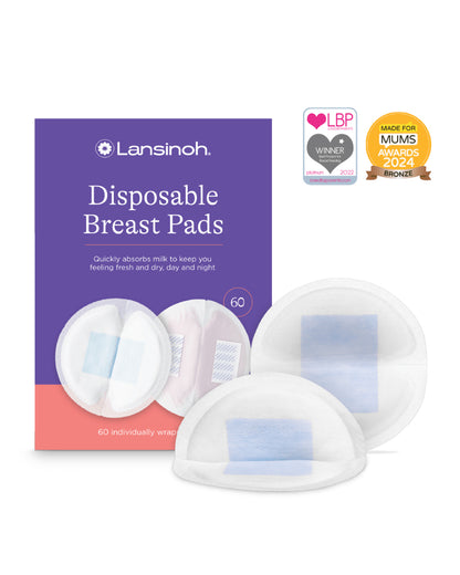 Lansinoh Disposable Nursing Breast Pads-Bluelock Technology for Instant Absorption-Naturally Contoured Design-Pack of 60
