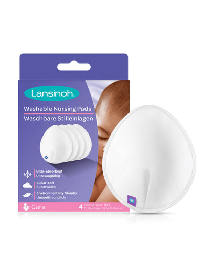 Lansinoh Washable Nursing Breast Pads With Wash Bag-Reusable Breast Pad With 3 Layer Protection-For Breastfeeding Mom-Pack of 4