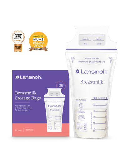 Lansinoh Breast Milk Transparent Storage Bags-Reinforced Double Zipper Seal For Safe Storage-Freezer Safe Pouches-With Measurement Markings-180 ml-Pack of 25