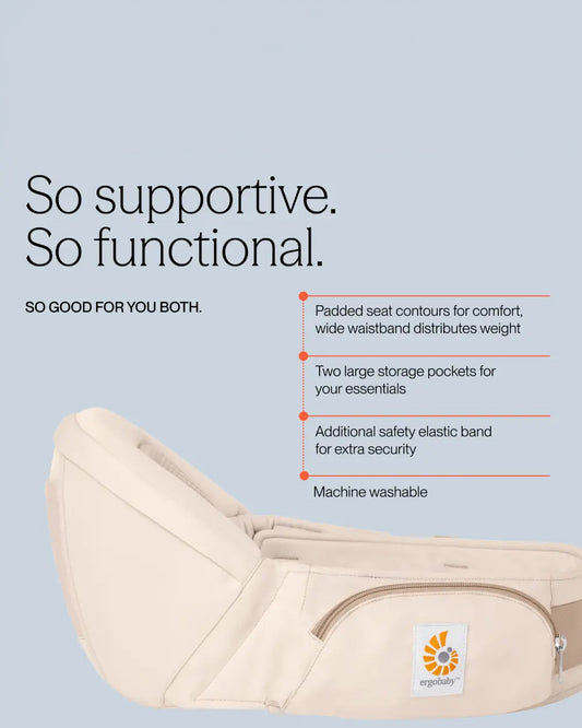 Ergobaby Lift Hip Seat Baby Carrier-With 4 Carrying Positions-Hip Healthy Certified-2 Storage Pockets-Anti Slip Grip & Angled Base-Padded Waistband to Ease Back Pain-For 6M+ to 4Y (Upto 20 Kg)-Natural Beige