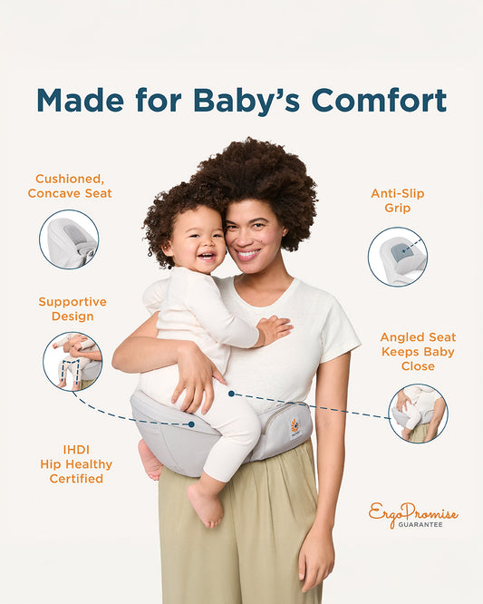 Ergobaby Lift Hip Seat Baby Carrier-With 4 Carrying Positions-Hip Healthy Certified-2 Storage Pockets-Anti Slip Grip & Angled Base-Padded Waistband to Ease Back Pain-For 6M+ to 4Y (Upto 20 Kg)-Natural Beige