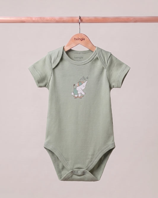 Twingle 100% Organic Cotton Bodysuit-Envelope Neck for Easy Dressing-Nickel Free Snaps-Short Sleeves-Solid-Sage Green-For Infants