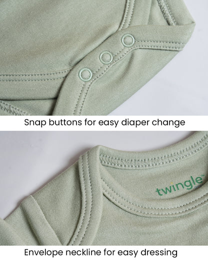 Twingle 100% Organic Cotton Bodysuit-Envelope Neck for Easy Dressing-Nickel Free Snaps-Short Sleeves-Solid-Sage Green-For Infants