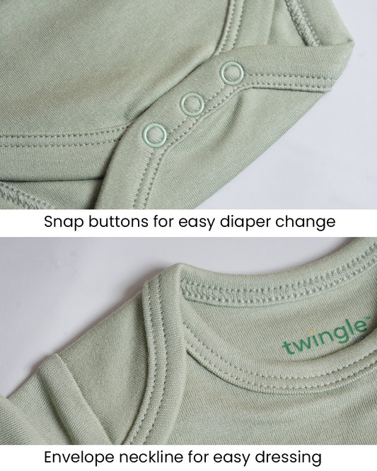 Twingle 100% Organic Cotton Bodysuit-Envelope Neck for Easy Dressing-Nickel Free Snaps-Short Sleeves-Solid-Sage Green-For Infants