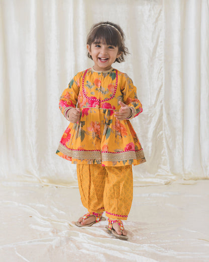 Tiber Taber Yellow Angrakha Set-Garden Bloom-Cotton-For Infants