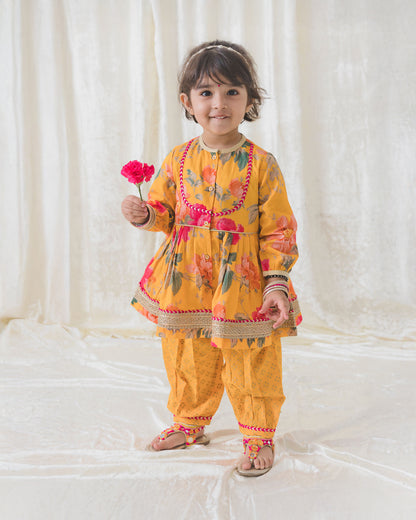 Tiber Taber Yellow Angrakha Set-Garden Bloom-Cotton-For Infants