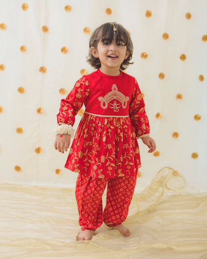 Tiber Taber Red Angrakha Set-Devi Durga-Cotton-For Infants