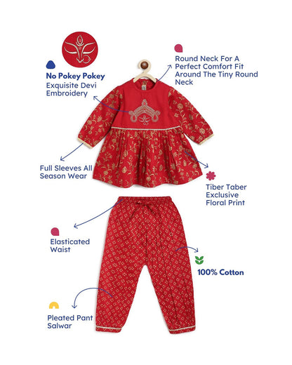 Tiber Taber Red Angrakha Set-Devi Durga-Cotton-For Infants
