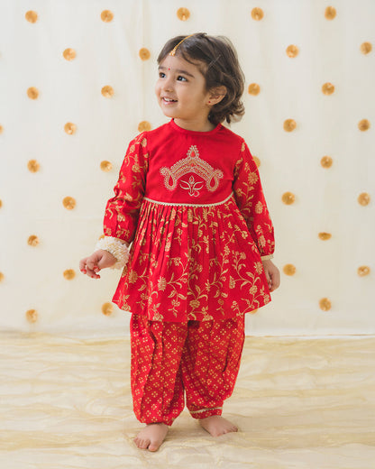 Tiber Taber Red Angrakha Set-Devi Durga-Cotton-For Infants