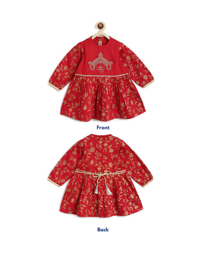 Tiber Taber Red Angrakha Set-Devi Durga-Cotton-For Infants