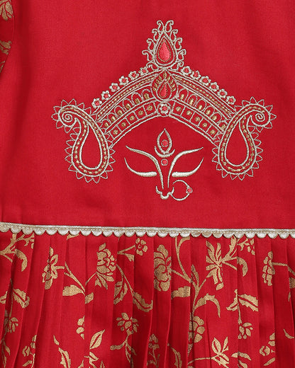 Tiber Taber Red Angrakha Set-Devi Durga-Cotton-For Infants