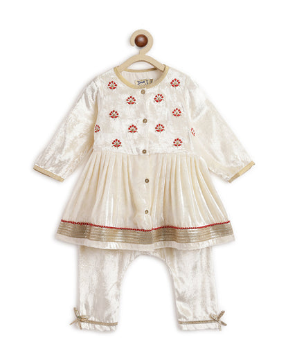 Tiber Taber Cream Angrakha Set-Pearl Princess-Velvet-For Infants