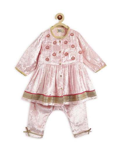 Tiber Taber Peach Angrakha Set-Royal Rose-Velvet-For Infants