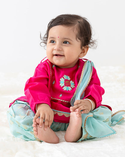 Tiber Taber Pink & Sea Green Angrakha Set-Laxmi Charan-Viscose-For Infants