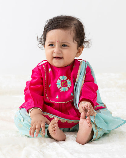 Tiber Taber Pink & Sea Green Angrakha Set-Laxmi Charan-Viscose-For Infants