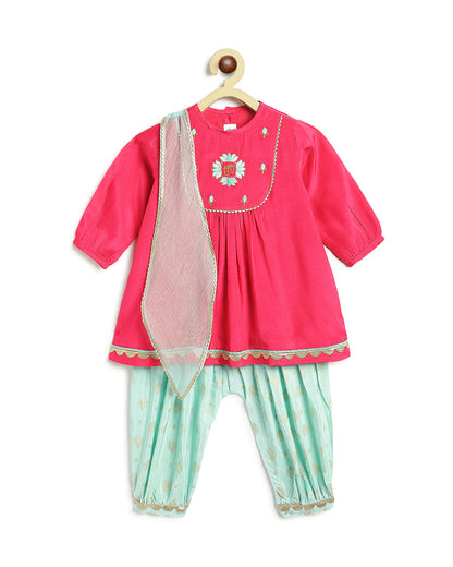 Tiber Taber Pink & Sea Green Angrakha Set-Laxmi Charan-Viscose-For Infants