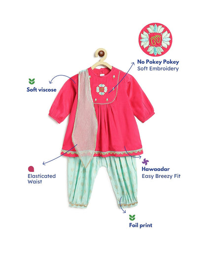 Tiber Taber Pink & Sea Green Angrakha Set-Laxmi Charan-Viscose-For Infants