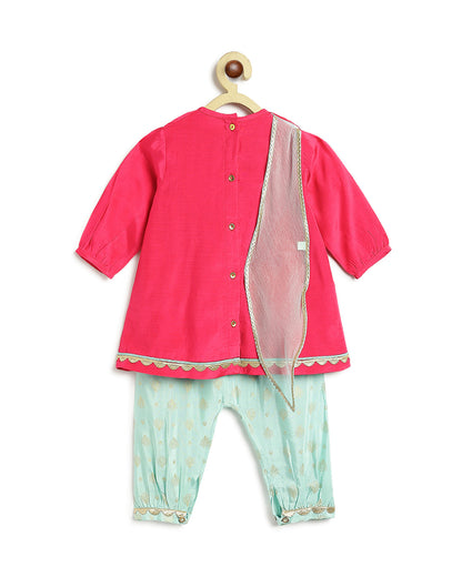 Tiber Taber Pink & Sea Green Angrakha Set-Laxmi Charan-Viscose-For Infants