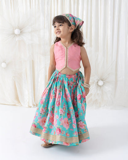 Tiber Taber Pink & Blue Lehenga Set-Gulaabo-Cotton & Viscose-For Infants