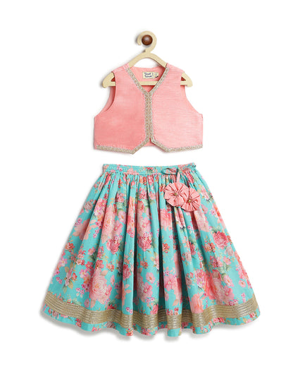 Tiber Taber Pink & Blue Lehenga Set-Gulaabo-Cotton & Viscose-For Infants