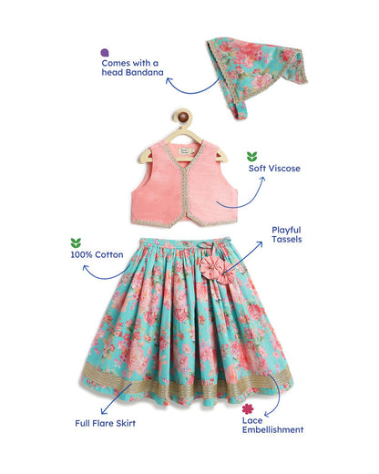 Tiber Taber Pink & Blue Lehenga Set-Gulaabo-Cotton & Viscose-For Infants
