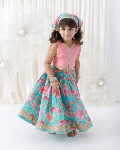 Tiber Taber Pink & Blue Lehenga Set-Gulaabo-Cotton & Viscose-For Infants
