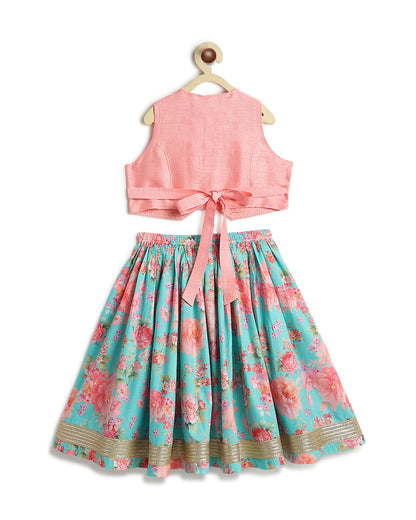 Tiber Taber Pink & Blue Lehenga Set-Gulaabo-Cotton & Viscose-For Infants