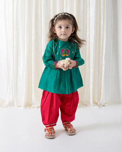 Tiber Taber Teal & Crimson Red Angrakha Set-Peacock Bloom-Cotton-For Infants