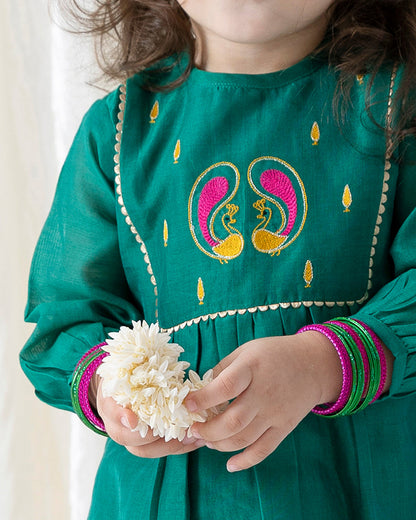 Tiber Taber Teal & Crimson Red Angrakha Set-Peacock Bloom-Cotton-For Infants