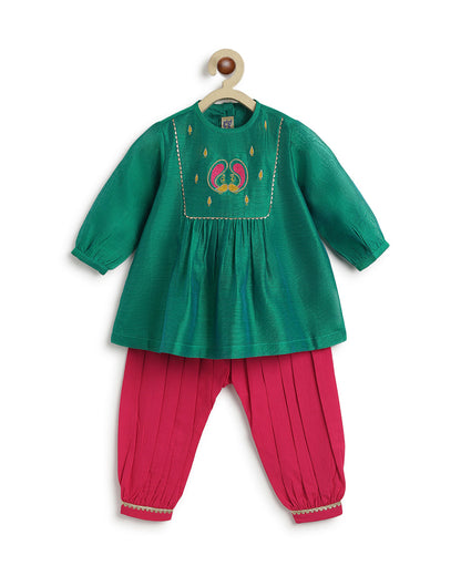 Tiber Taber Teal & Crimson Red Angrakha Set-Peacock Bloom-Cotton-For Infants