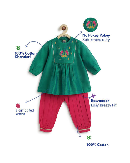 Tiber Taber Teal & Crimson Red Angrakha Set-Peacock Bloom-Cotton-For Infants