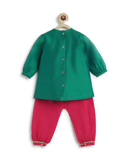 Tiber Taber Teal & Crimson Red Angrakha Set-Peacock Bloom-Cotton-For Infants