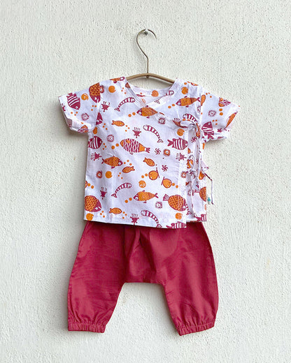 Whitewater Kids Red Jhabla Set-Half Sleeves-Animal Pattern-Organic Cotton-For Infants