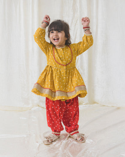 Tiber Taber Mustard & Crimson Red Angrakha Set-Bandhani Twirl-Cotton-For Infants