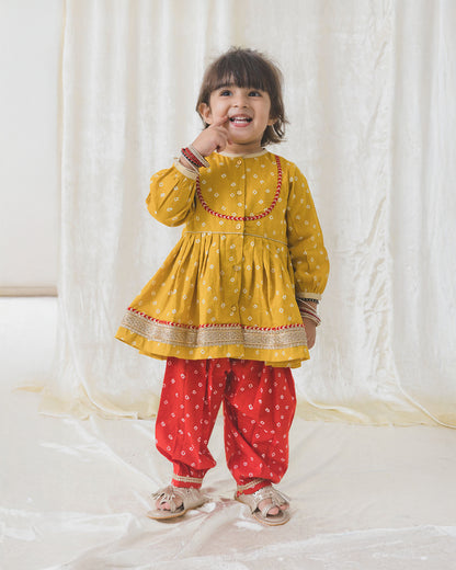 Tiber Taber Mustard & Crimson Red Angrakha Set-Bandhani Twirl-Cotton-For Infants