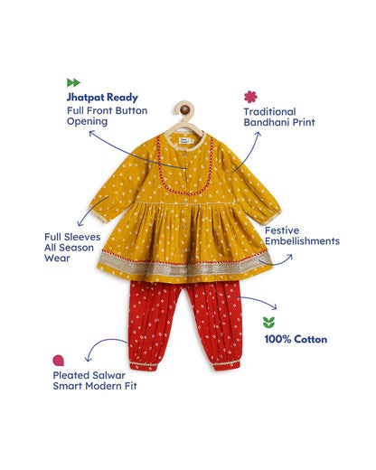 Tiber Taber Mustard & Crimson Red Angrakha Set-Bandhani Twirl-Cotton-For Infants