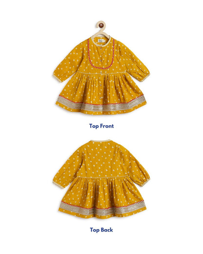 Tiber Taber Mustard & Crimson Red Angrakha Set-Bandhani Twirl-Cotton-For Infants
