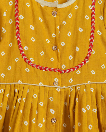Tiber Taber Mustard & Crimson Red Angrakha Set-Bandhani Twirl-Cotton-For Infants