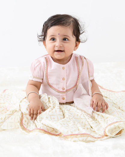 Tiber Taber Peach & Cream Lehenga Set-Swarn Jaal-Viscose-For Infants