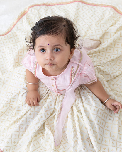 Tiber Taber Peach & Cream Lehenga Set-Swarn Jaal-Viscose-For Infants