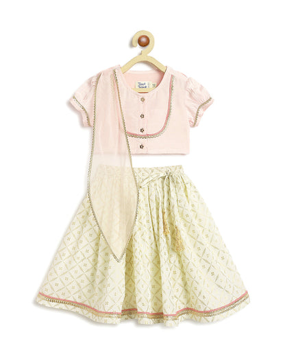 Tiber Taber Peach & Cream Lehenga Set-Swarn Jaal-Viscose-For Infants