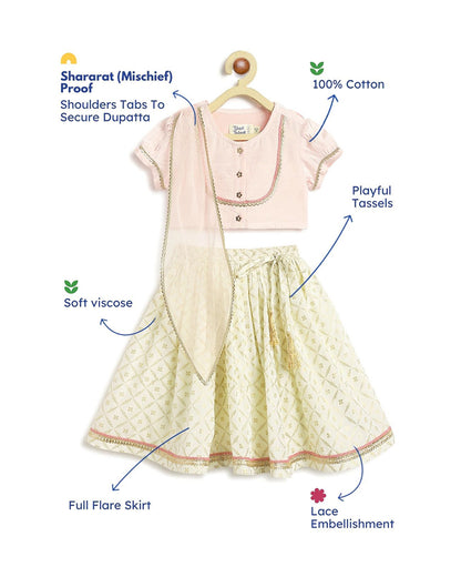 Tiber Taber Peach & Cream Lehenga Set-Swarn Jaal-Viscose-For Infants