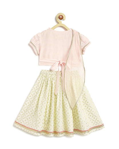 Tiber Taber Peach & Cream Lehenga Set-Swarn Jaal-Viscose-For Infants