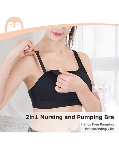 Momcozy 2-in-1 Hands-Free Pumping & Nursing Bra-Soft and wireless-Front Clasps-Full Coverage-Black