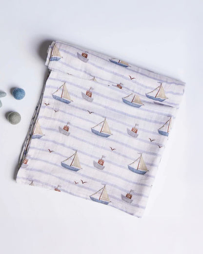 Cocoon Care By The Sea Bamboo Muslin Swaddle-Blue & White-Infant Wraps