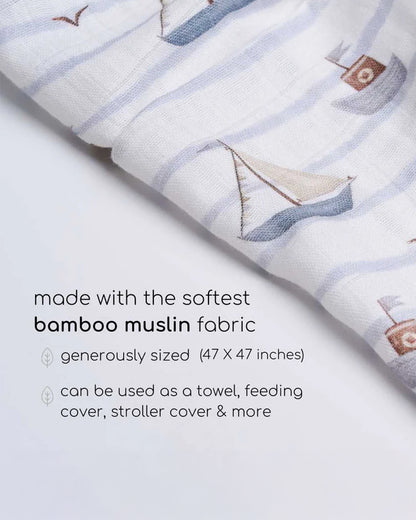 Cocoon Care By The Sea Bamboo Muslin Swaddle-Blue & White-Infant Wraps